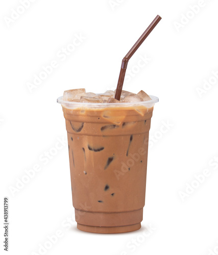 Mocha coffee in plastic cup and ready to drink straws isolated on white background. Brown mocha milk. (Clipping path)