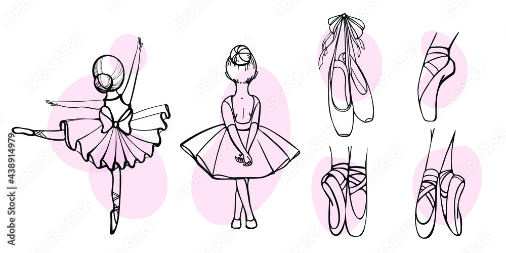 ballet set contour with ballerinas and pointe shoes on the white background - obrazy, fototapety, plakaty 