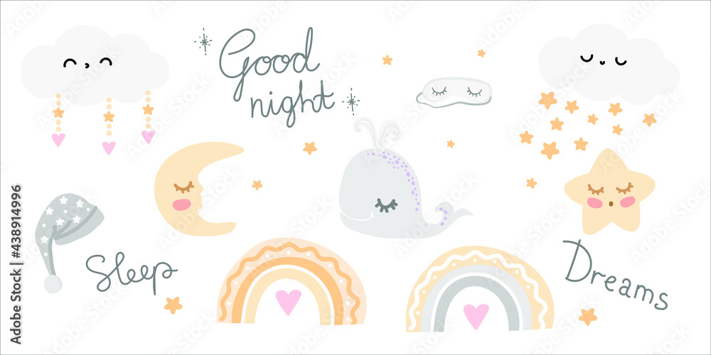 good night set with whale on the white background
good night set with whale on the white background