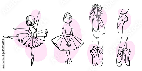 ballet set contour with ballerinas and pointe shoes on the white background
