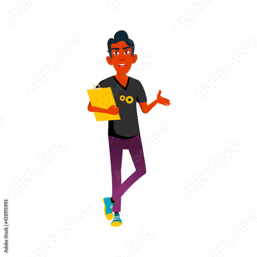 young india guy with checklist talking with client in technics shop cartoon vector. young india guy with checklist talking with client in technics shop character. isolated flat cartoon illustration