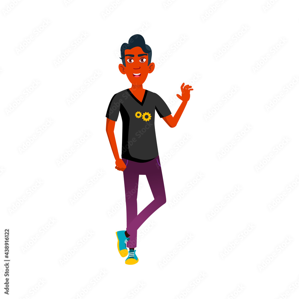 youth indian boy waving with hand to friend in night club cartoon vector. youth indian boy waving with hand to friend in night club character. isolated flat cartoon illustration