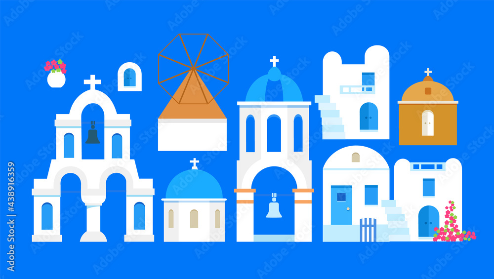 Santorini. Greece. Buildings of traditional architecture. Traditional Greek white houses with blue roofs, churches, mills and flowers. Set of buildings. Vector illustration.