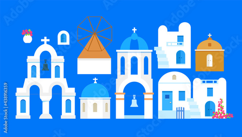 Santorini. Greece. Buildings of traditional architecture. Traditional Greek white houses with blue roofs  churches  mills and flowers. Set of buildings. Vector illustration.