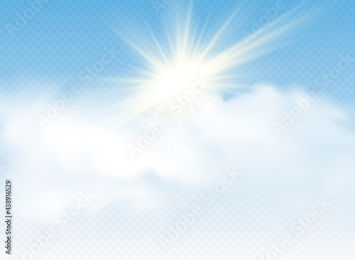 Set of transparent different clouds with sun. Spring, summer isolated on blue background. Real transparency effect.