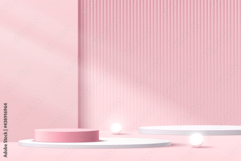 White, pink cylinder pedestal podium with shadow. Geometric platform. Abstract pink minimal wall scene. Glowing neon sphere ball. Vector rendering 3d geometric shape for product display presentation. White, pink cylinder pedestal podium with shadow. Geometric platform. Abstract pink minimal wall scene. Glowing neon sphere ball. Vector rendering 3d geometric shape for product display presentation.