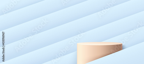 Fototapeta Naklejka Na Ścianę i Meble -  Vector rendering 3d shape for product display presentation. Modern pastel cylinder podium with light blue hologram color geometric pattern background. Abstract minimal scene studio room concept.
