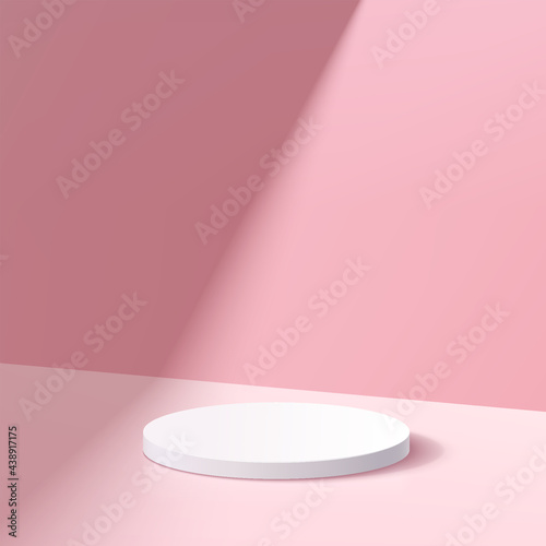 White cylinder platform podium. Window lighting. Abstract pastel pink color minimal wall scene. Geometric pedestal with shadow. Vector rendering 3d shape for cosmetic product display presentation.
