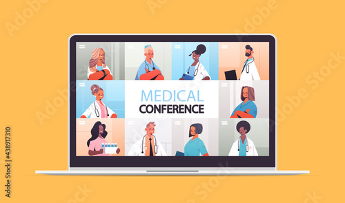 mix race doctors on laptop screen having medical video conference medicine healthcare online communication