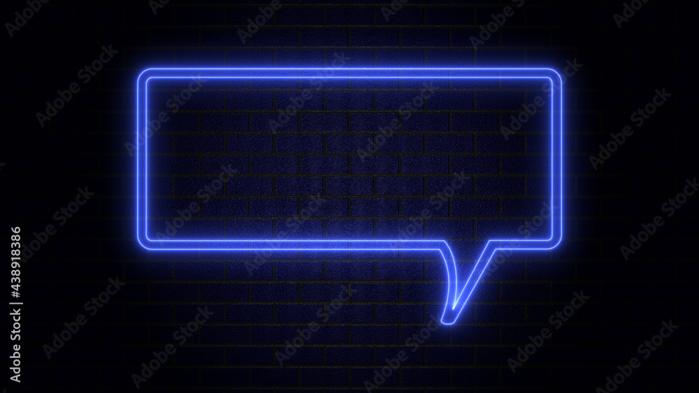 Blank speech bubble in neon style. Neon light, comic speech bubble sign icon. Chat think symbol. Royalty high-quality free stock of glowing neon empty speech bubble frame on dark brick wall background - obrazy, fototapety, plakaty 