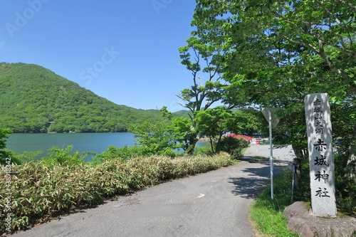 Akagi Shrine entrance and Lake Onuma in Gunma, Japan. June 9, 2021.