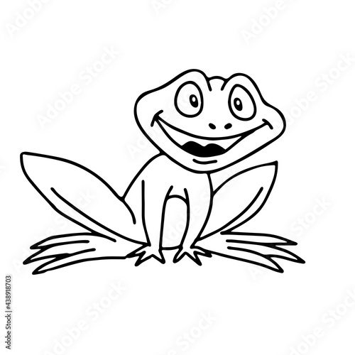 Hand drawn outline black vector illustration of a beautiful happy frog isolated on a white background