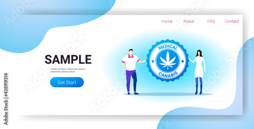 man woman couple holding medical cannabis or marijuana leaf logo hemp extract cbd ganja legalize drug consumption concept full length horizontal copy space