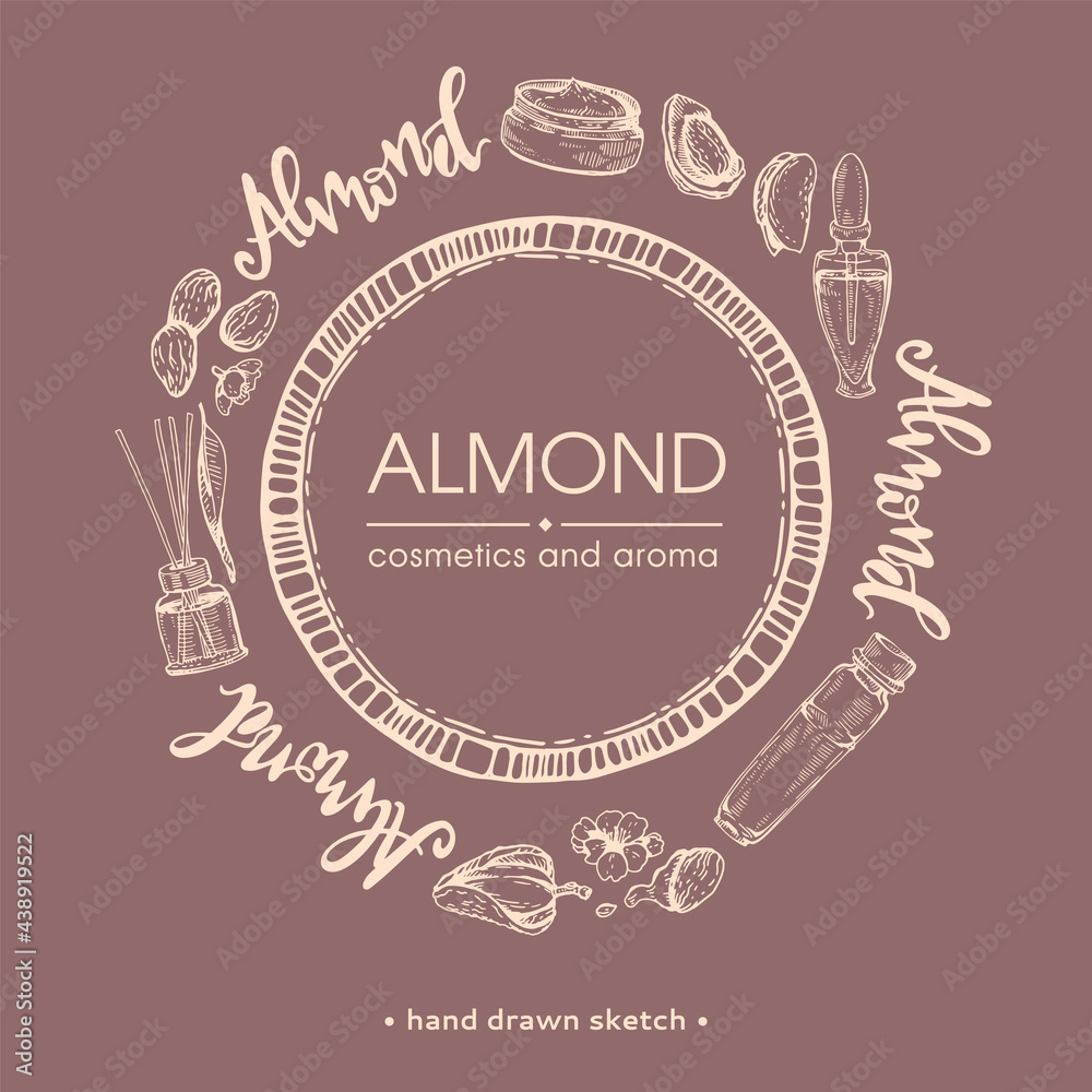 Circle surrounded with almond nuts, cosmetics and lettering with white lettering inside Circle surrounded with almond nuts, cosmetics and lettering with white lettering inside