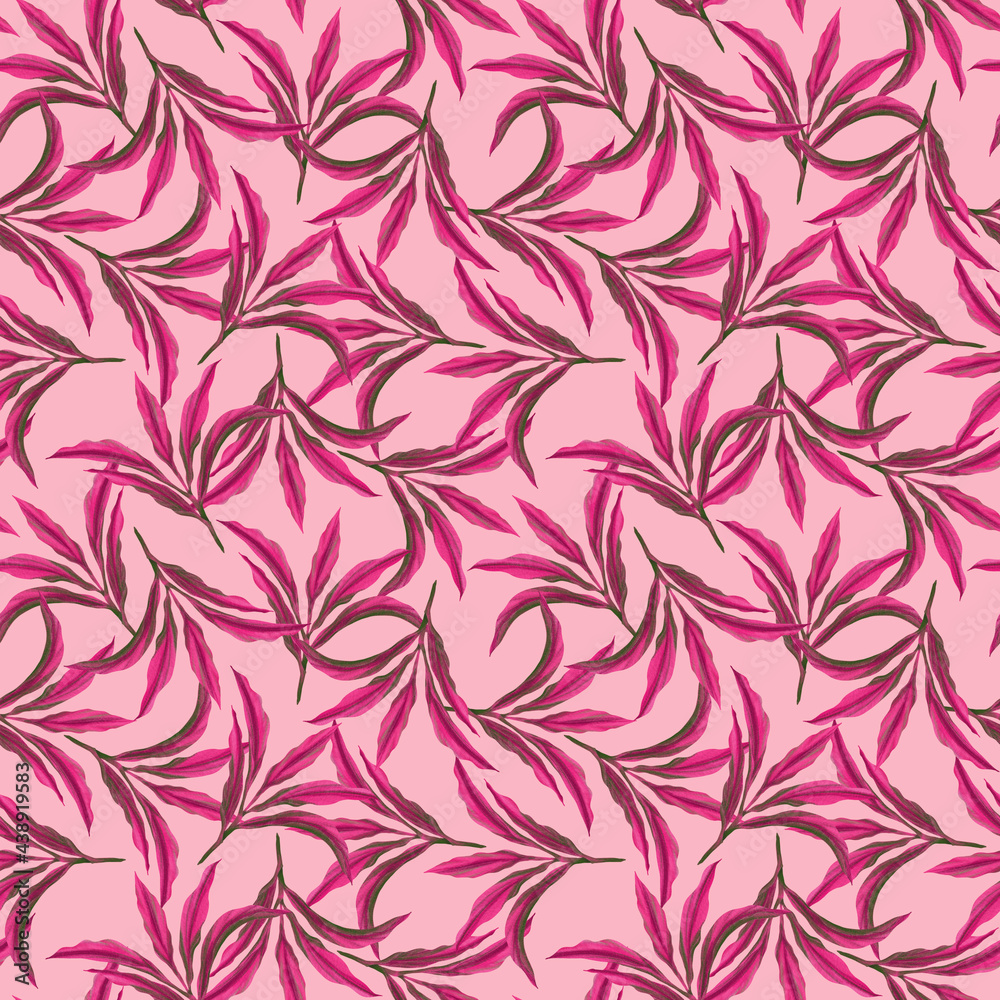 Fototapeta premium Pink tropical leaf Cordyline or Dracaena plant, illustration drawing seamless pattern
