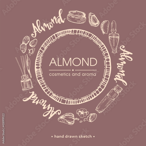 Circle surrounded with almond nuts, cosmetics and lettering with white lettering inside