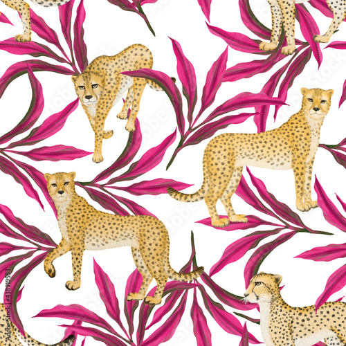 Cheetah wild animal  pink leaf Dracaena plant illustration drawing seamless