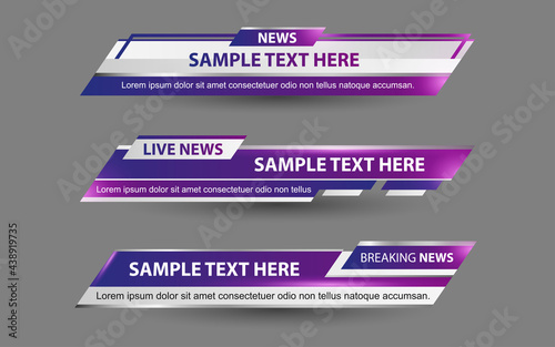 Set collection vector of Broadcast News Lower Thirds Template layout design banner for bar Headline news title, sport game in Television, Video and Media Channel