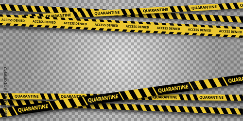Strips of quarantine. Cordon warning caution sign. Black and yellow danger zone line with shadow on transparent background. Brushes included. © FKVT