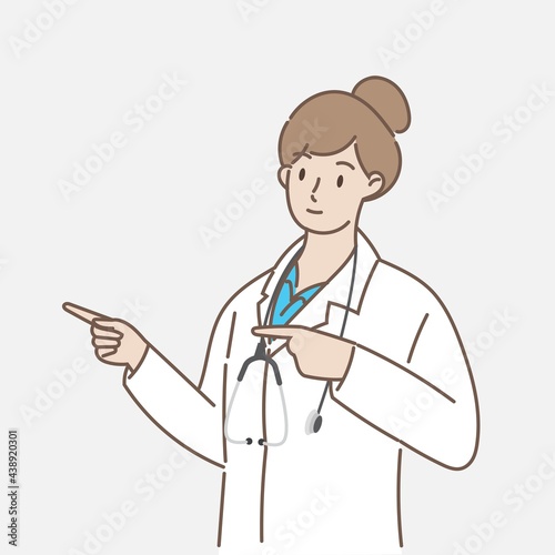 Portrait of female doctor point finger to side in healthcare and medical concept. Hand draw style. Vector illustration.