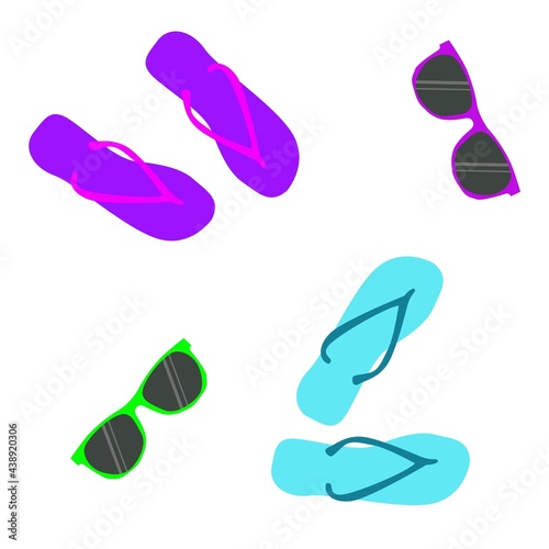 Blue slippers, sunglasses, on white background. Summer decor and beach amenities for decoration