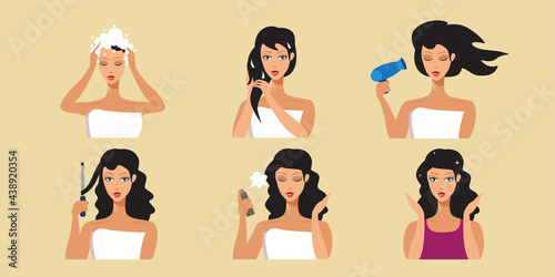 set girls doing hair care procedures beauty treatment hairstyle concept horizontal portrait