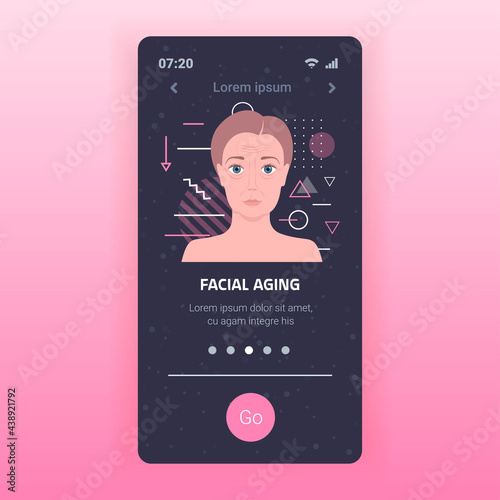 female face with wrinkles facial aging concept smartphone screen mobile app portrait copy space