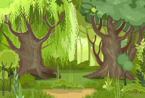 Summer forest landscape. Dense foliage  shrubs and a clearing at the edge. Nature illustration. Light foggy thickets. View of green trees. Cartoon flat style. Vector