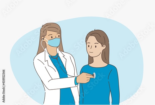 Woman doctor examining woman patient by stethoscope at clinic in healthcare and medical concept. Hand draw style. Vector illustration.