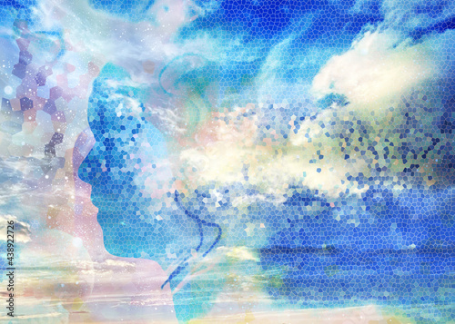 abstract watercolor background with clouds, background, people, abstraction, texture, grunge, art, wallpaper, stained glass, bright, illustration, profile, design, old, head, patern, stained glass, ma