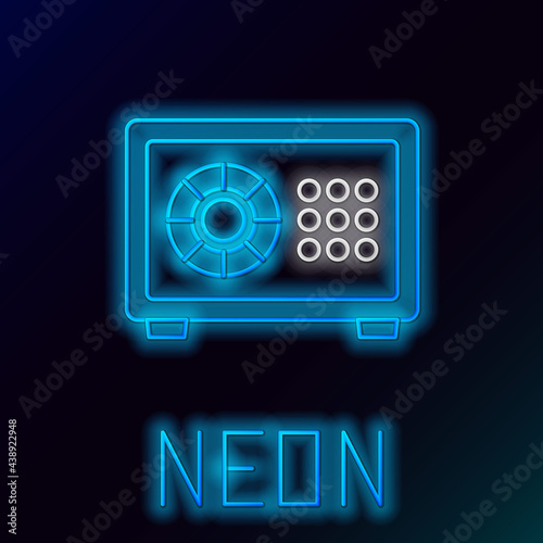 Glowing neon line Safe icon isolated on black background. The door safe a bank vault with a combination lock. Reliable Data Protection. Colorful outline concept. Vector