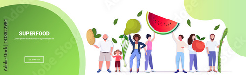mix race people holding different vegetables and fruits healthy lifestyle vegan fresh superfood concept full length horizontal copy space