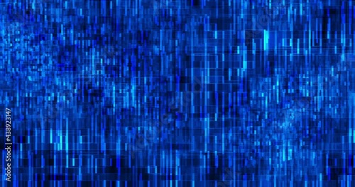 Animated digital block of pixels in cyberspace blue on black background
