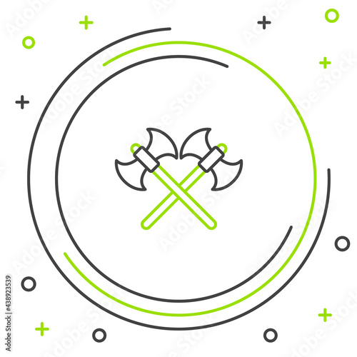 Line Crossed medieval axes icon isolated on white background. Battle axe, executioner axe. Colorful outline concept. Vector