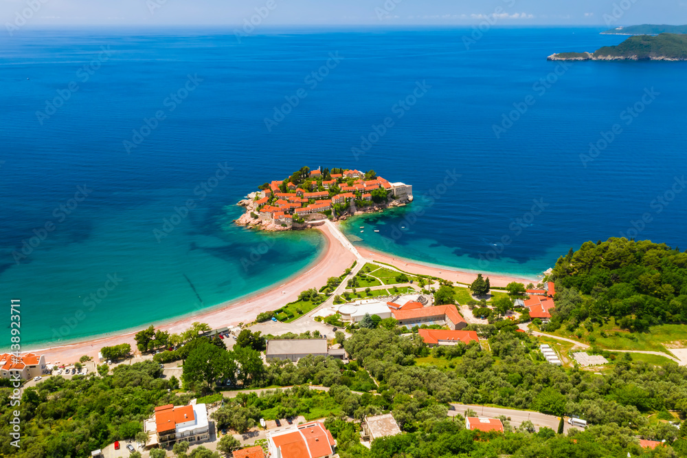 Aerial view of Sveti Stefan island in Budva, Montenegro.