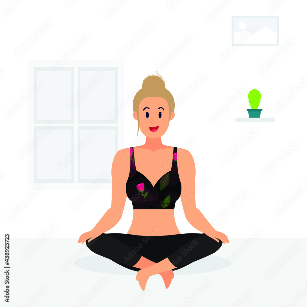 Fototapeta premium young blunt hair girl practicing lotus yoga pose at home, young lady practicing meditation at home.