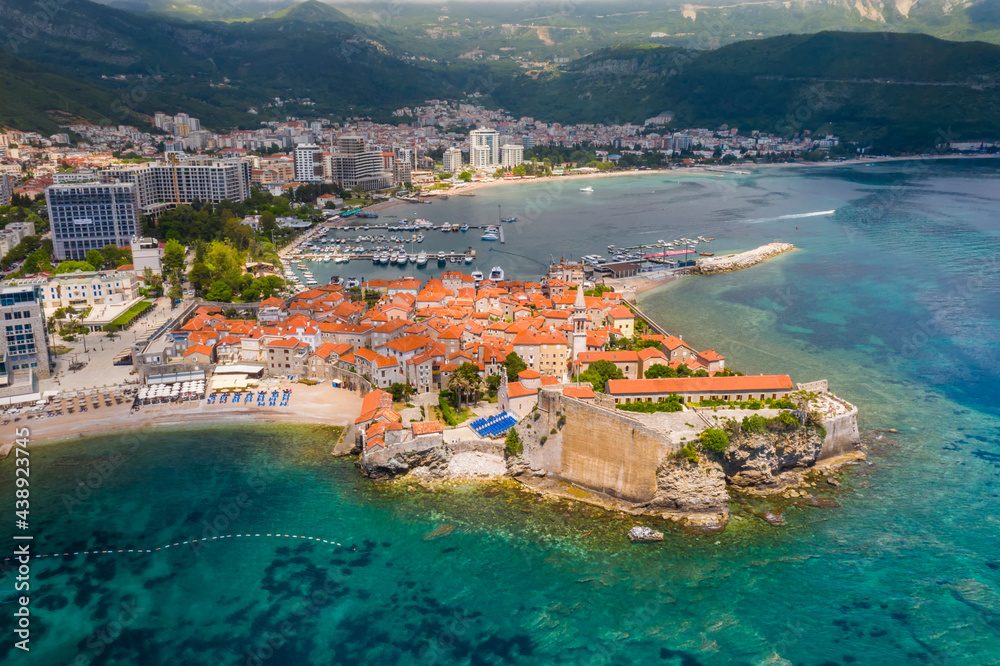 Old town in Budva in a beautiful summer day, Montenegro. Aerial image. Top view.