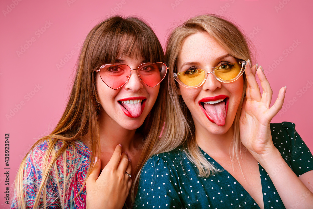 Obraz premium Positive portrait of best friends hipster sister girls hugs smiling