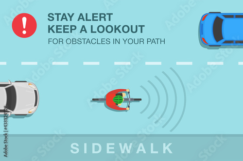 Safety bicycle driving rule. Stay alert and keep lookout for obstacles in your path. Top view of a sedan cars and cyclist on a bicycle. Flat vector illustration template.