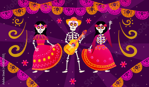 Day of the dead or dia de los muertos with dancing skeletons and playing the guitar, colourful paper garland for web banner, party invitation in mexican style, festival celebration