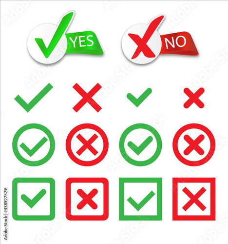 Yes and No check marks. Cross check mark icons, flat round buttons set.