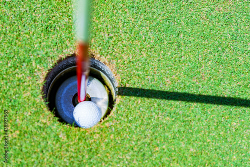 golf ball in the cup of green photo