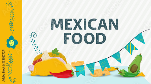 Mexican food illustration for flat style decoration lettering name taco tortilla lies next to pepper and flags