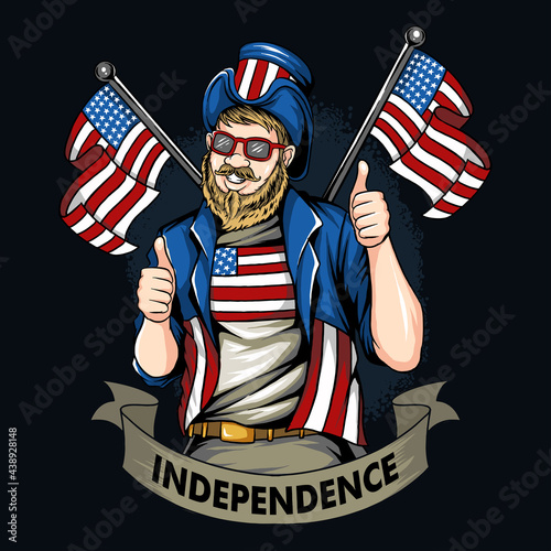 American man with mustache and beard wearing coat , sunglasses and hat of United States flag dancing