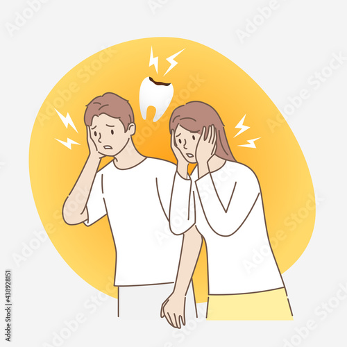 Young man and woman feel severe pain in the teeth from caries. Dental concept. Toothache from caries. Hand draw style. Vector illustration.