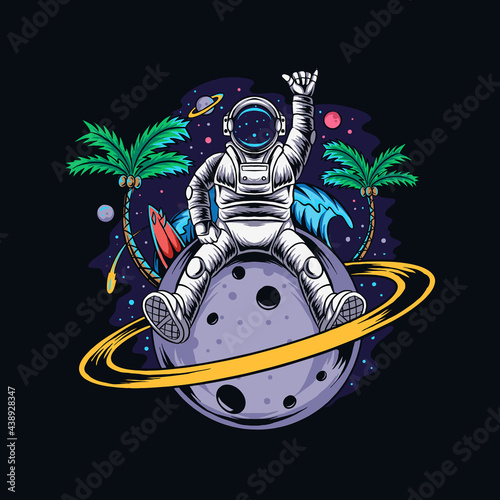 astronaut sitting on planet saturn containing coconut trees and summer beach in outer space