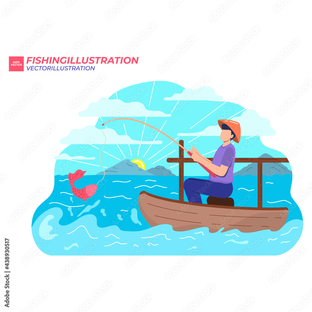 Fisherman with Fishing Rod Boat Forest and Birds Background Concept Character Icon Flat Design Landscape Template Vector Illustration