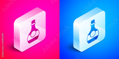 Isometric Bottle of cognac or brandy icon isolated on pink and blue background. Silver square button. Vector
