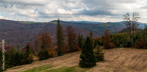 View from lookout tower on Stary Gron hill in autumn Beskid Slaski mountains in Poland