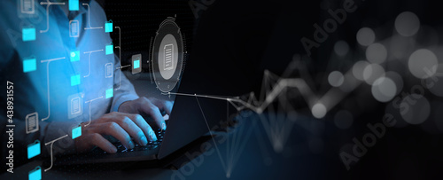 Obraz na płótnie DMS concept.Document Management System setup by IT consultant with laptop computer are searching managing information and corporate files.Business processing,Software for archiving business. w salonie